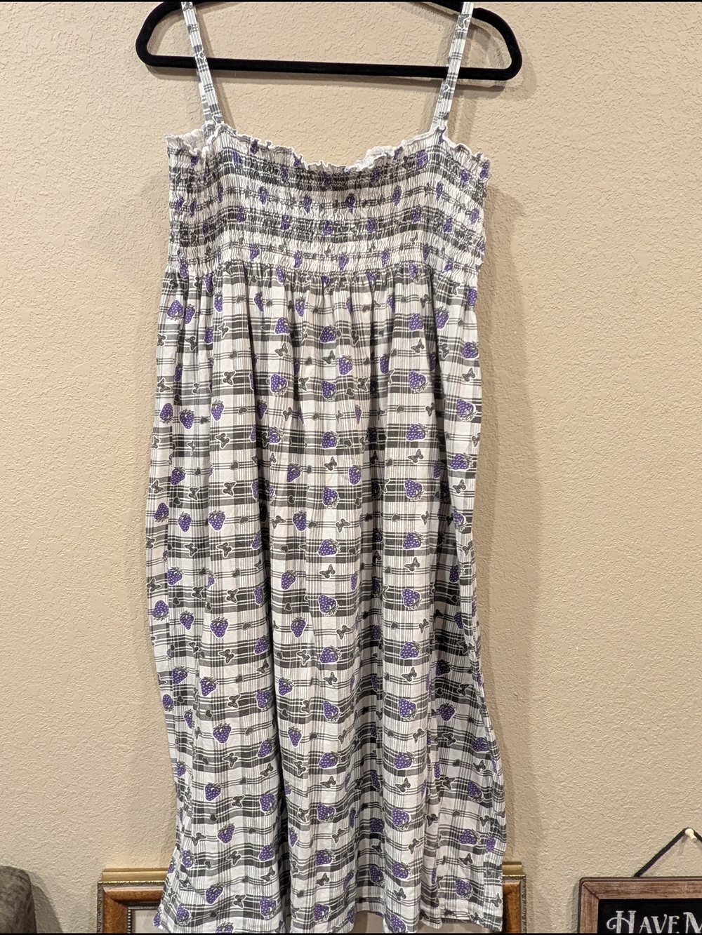 White and Purple Strawberry Smocked Strap Sundress Hand Made
